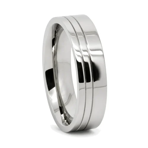 Offset Twin Grooved 6mm Titanium Mens Ring