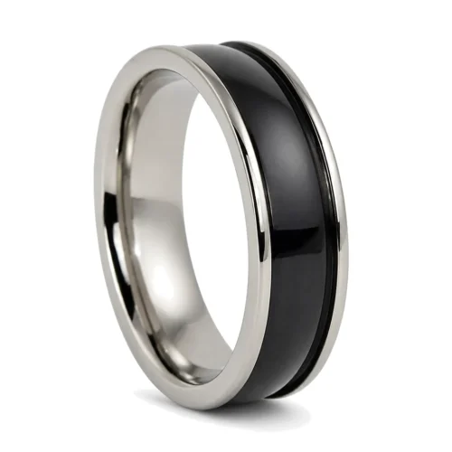 Mens Titanium Ring With Wide Black Centerline