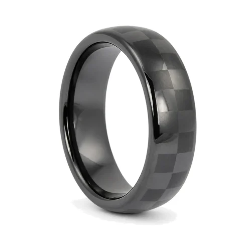 Mens Black 6mm Ceramic Ring with Chequered Pattern