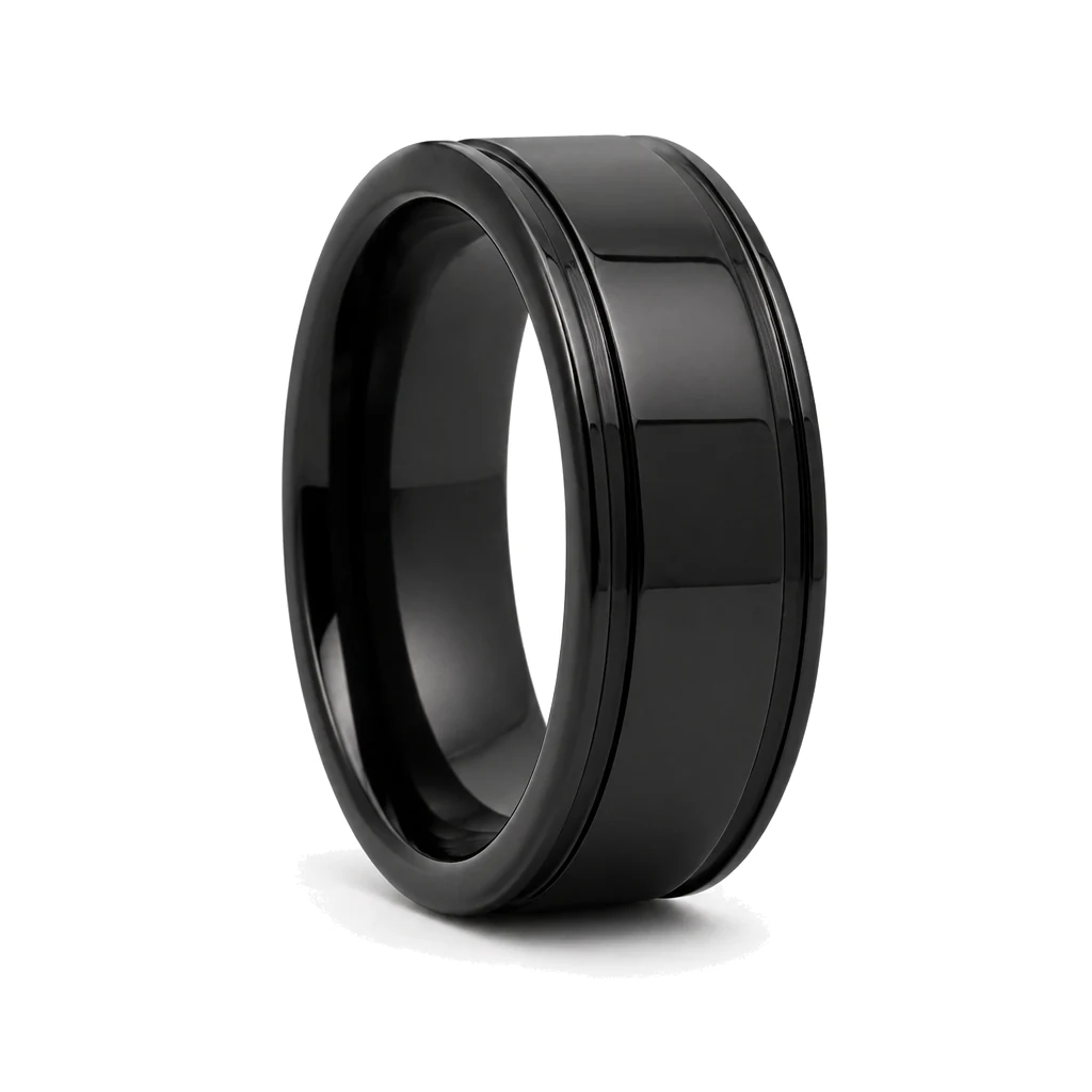 Black Twin Groove Mens 8mm Ceramic Ring
