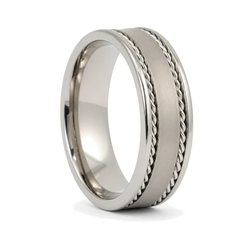 Titanium 7mm Mens Ring with Rope Edges