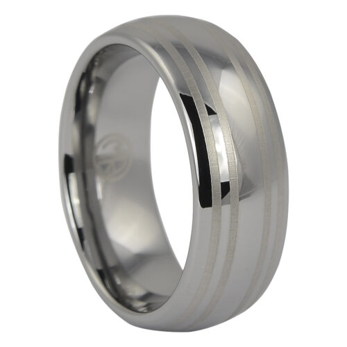 Dome Polished Tungsten Ring with Dual Brushed Line Accents