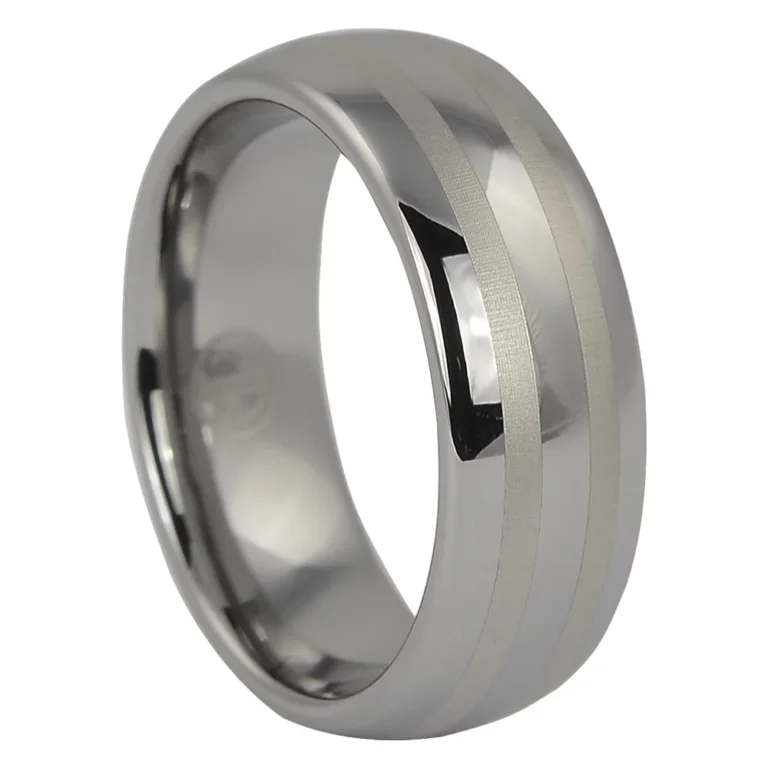 Dome Polished 8mm Tungsten Ring with Brushed Center Line Accents