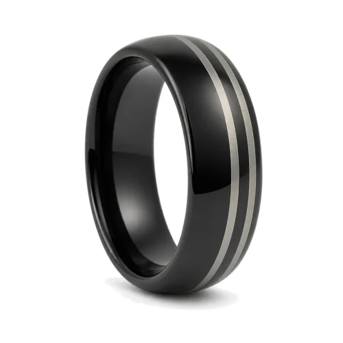 Black Tungsten 8mm Mens Ring With Twin Offset Stripes