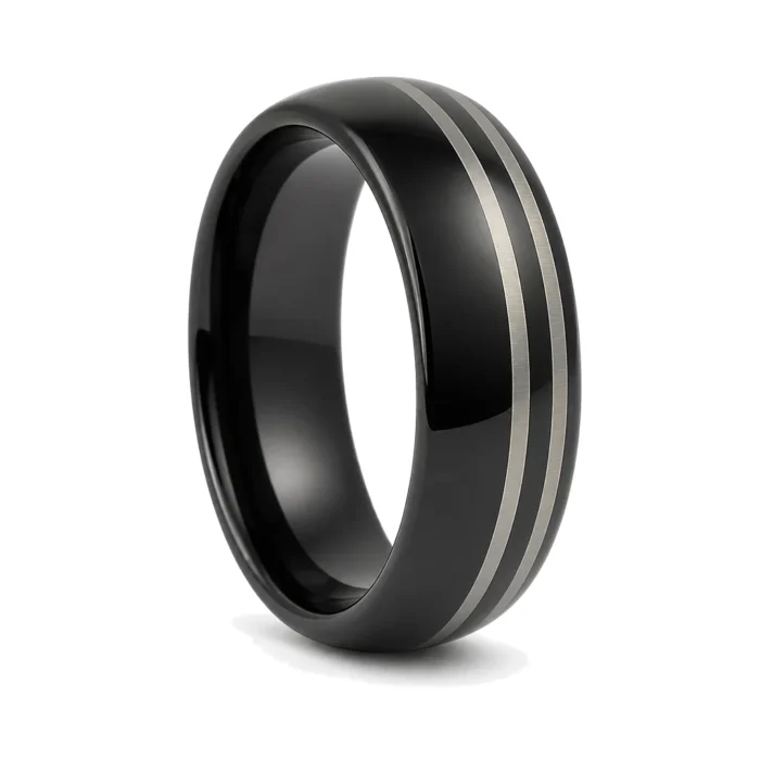 Black Tungsten 8mm Mens Ring With Twin Offset Stripes