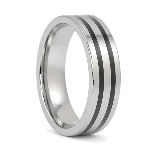 Polished Tungsten 8mm Ring With Twin Black Stripes