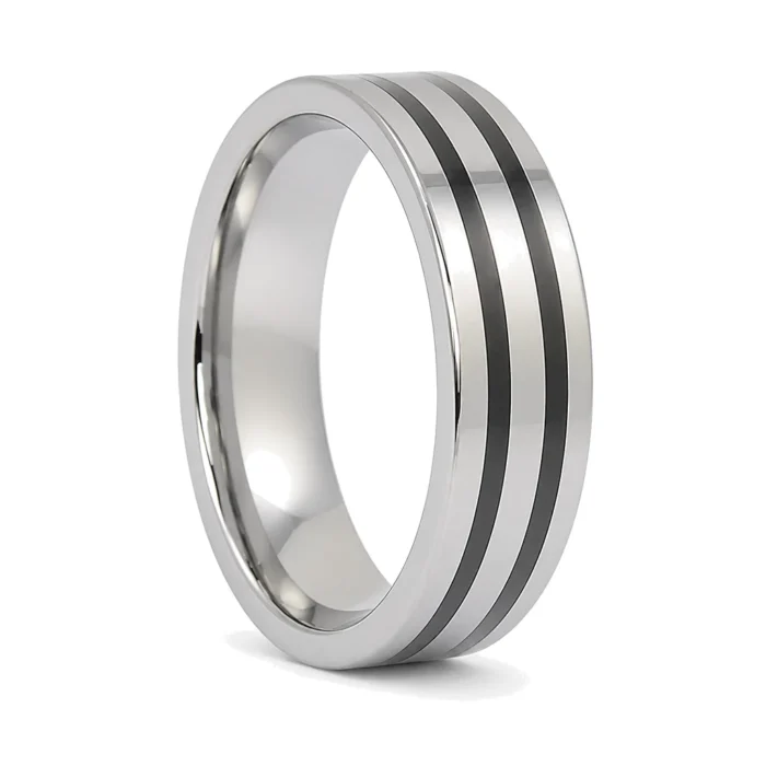 Polished Tungsten 8mm Ring With Twin Black Stripes