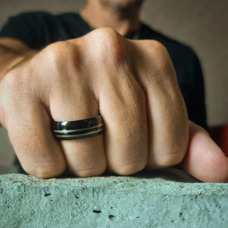 Black Tungsten 8mm Mens Ring With Twin Offset Stripes