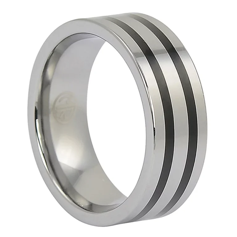 Polished Tungsten 8mm Ring With Twin Black Stripes