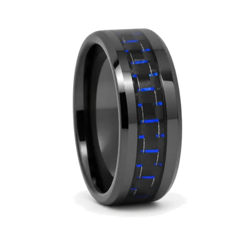 Black Ceramic 8mm Mens Ring With Blue Carbon Fiber