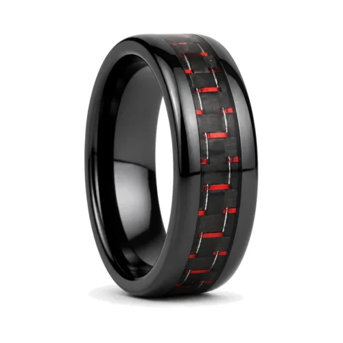 Black Ceramic 8mm Mens Ring With Red Carbon Fiber