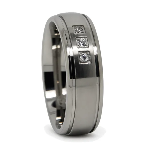 Mens Titanium 7mm Wedding Ring With Triple Stones