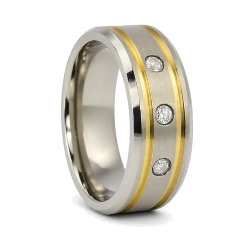 Bold Mens Titanium 8mm Wedding Ring With Twin Golden Grooves