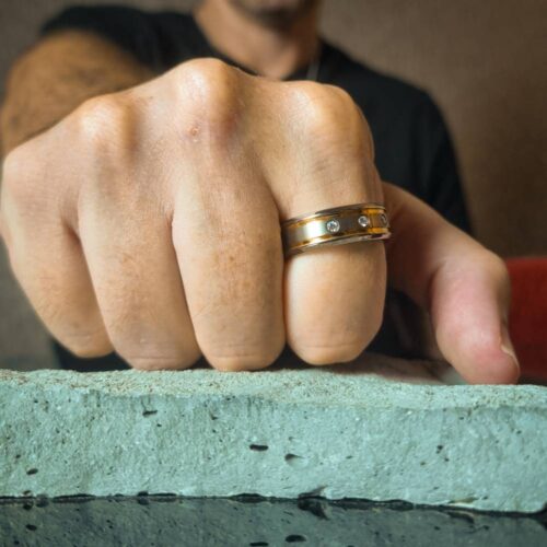 Bold Mens Titanium 8mm Wedding Ring With Twin Golden Grooves