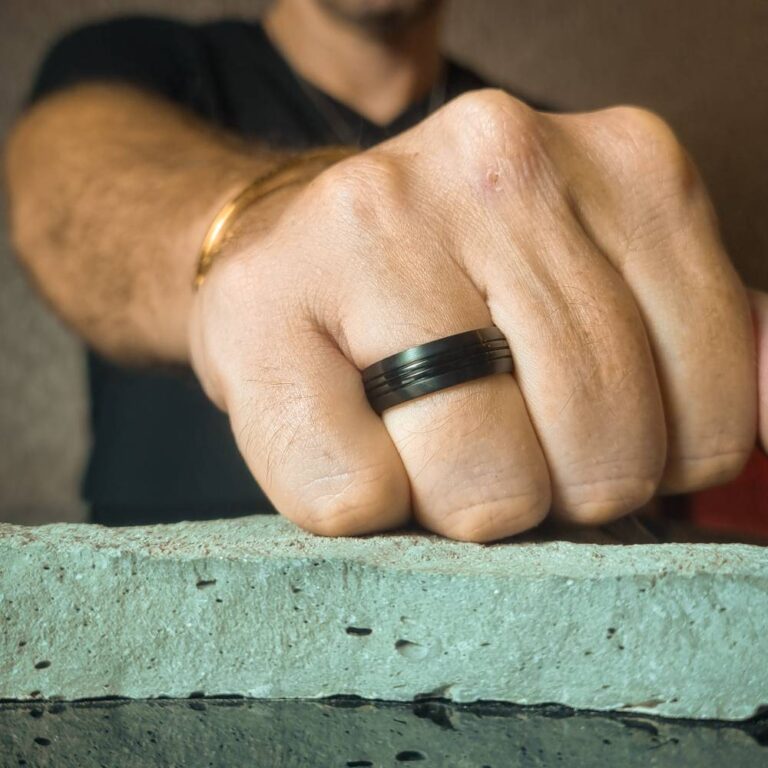Triple Groove Black 7mm Titanium Mens Ring