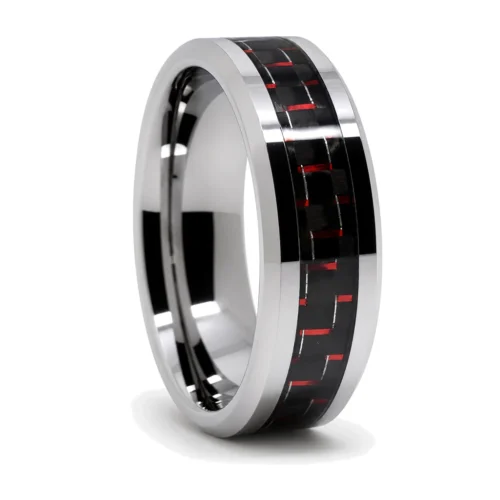Carbon Fibre 8mm Tungsten Ring with Red Highlights