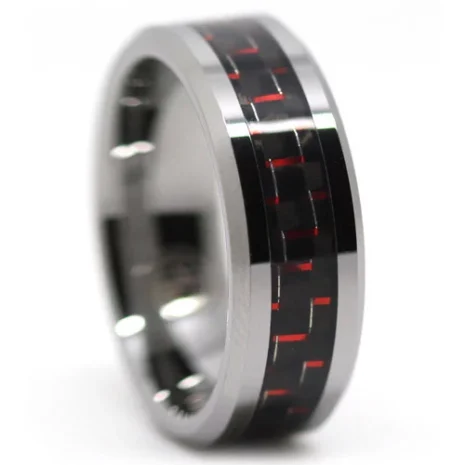 Carbon Fibre 8mm Tungsten Ring with Red Highlights – 5 / J