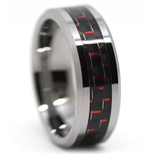 Carbon Fibre 8mm Tungsten Ring with Red Highlights – 5 / J