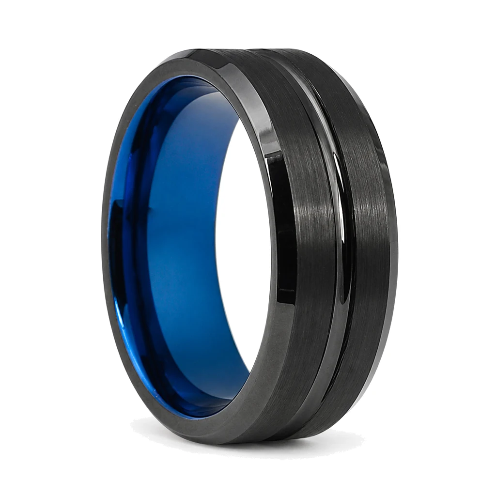 Black Tungsten 8mm Mens Ring With Blue Inner Band