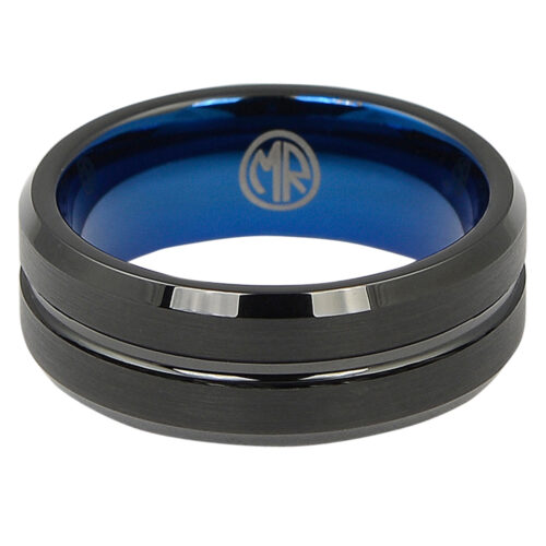 Black Tungsten 8mm Mens Ring With Blue Inner Band