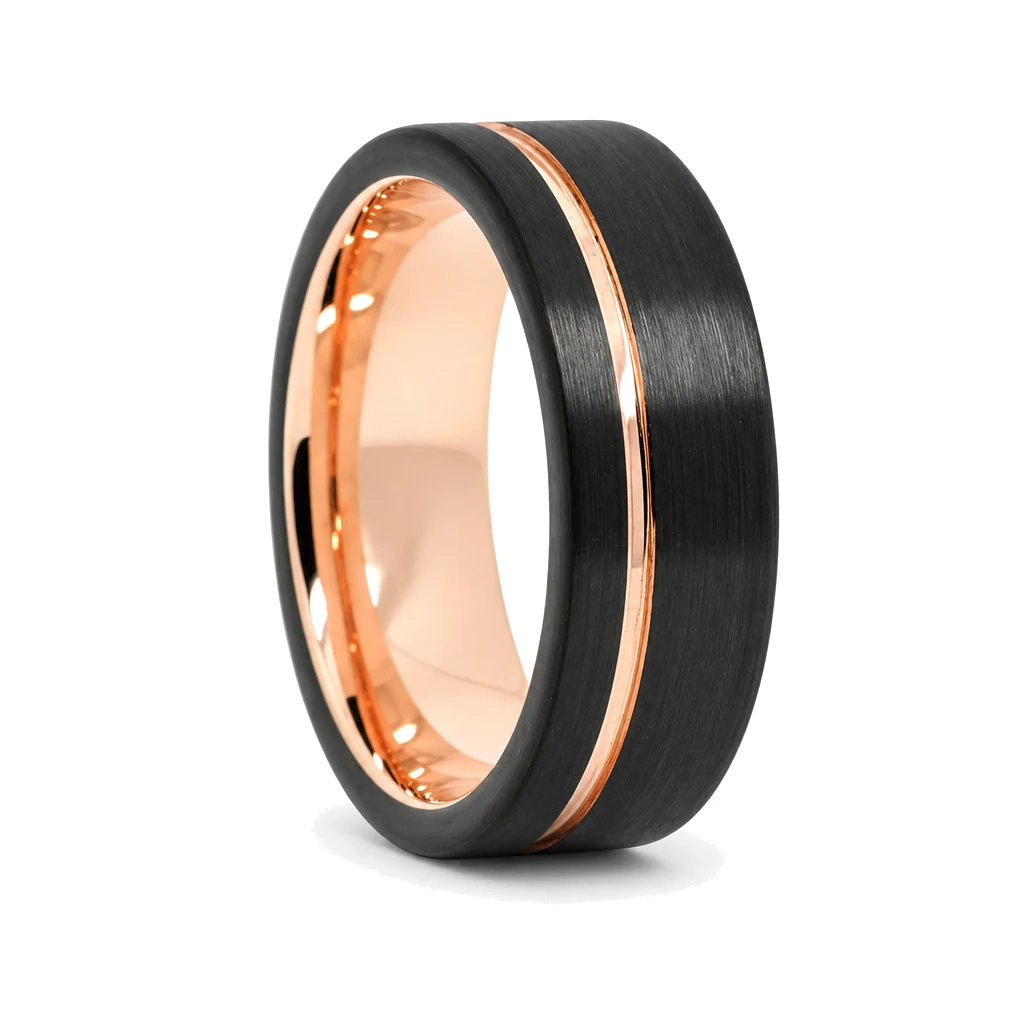 Black 8mm Rose Gold Tungsten Mens Ring