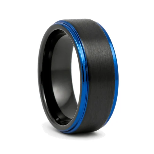 Black With Blue Edged 8mm Tungsten Mens Ring
