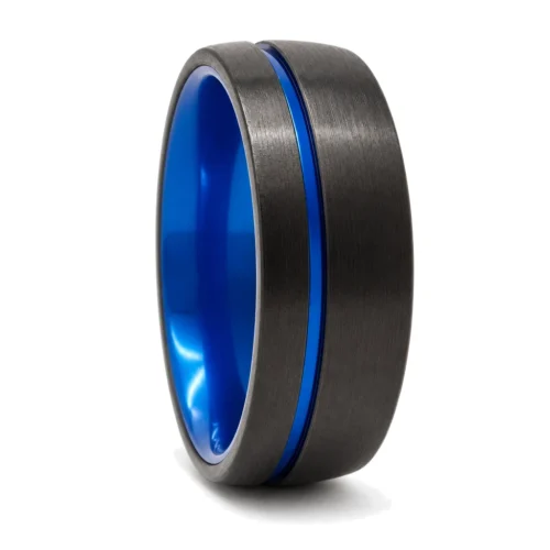 Black Tungsten "Neon" 8mm Mens Ring With Blue Inner Band