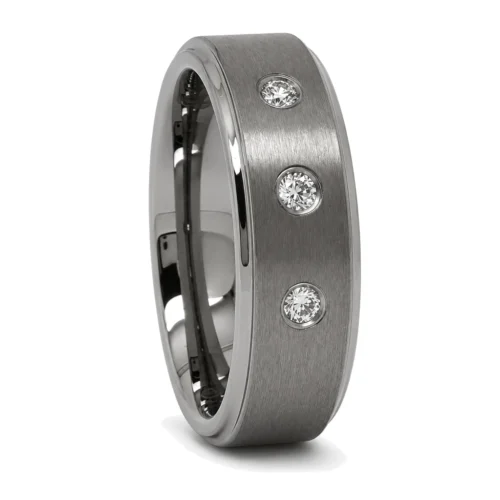 Brushed Mens Promise Ring 8mm With Triple Simulated Diamonds