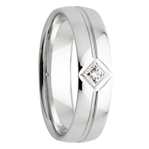 Central Groove Angle Diamond White Gold Mens Ring