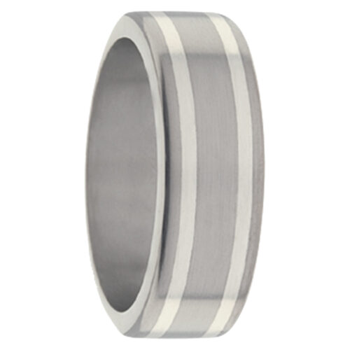 Brushed Titanium White Gold Stripe Mens Ring