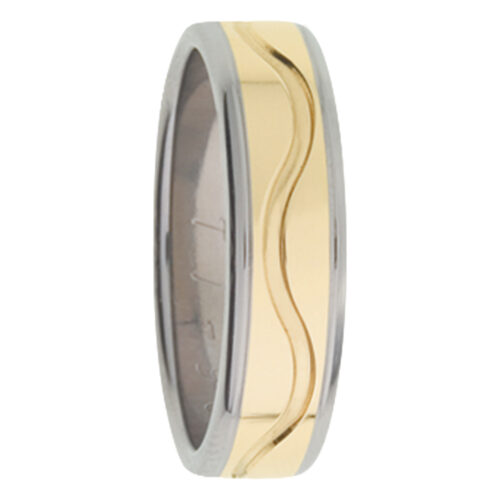 Wave Accent Groove Yellow Gold Titanium Mens Ring