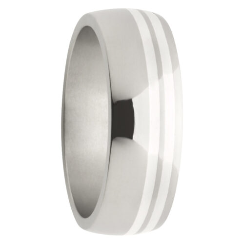 Double Off-Centre Stripe Titanium White Gold Mens Ring
