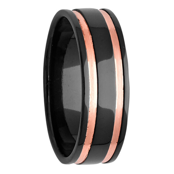 7mm Polished Black Zirconium Ring with Rose Gold Inlays