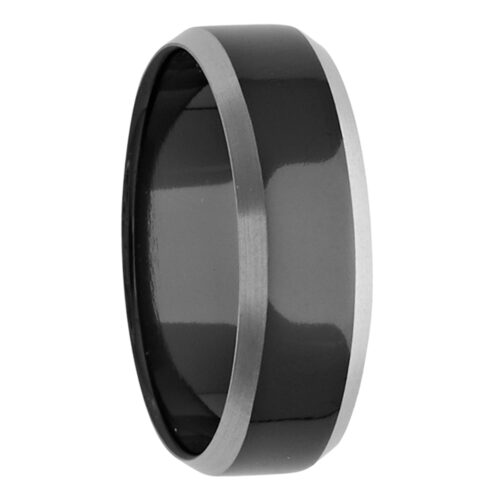 7mm Silver Tone Edge Black Zirconium Mens Ring