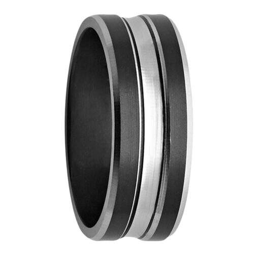 Silver Tone Groove Black Zirconium Mens Ring
