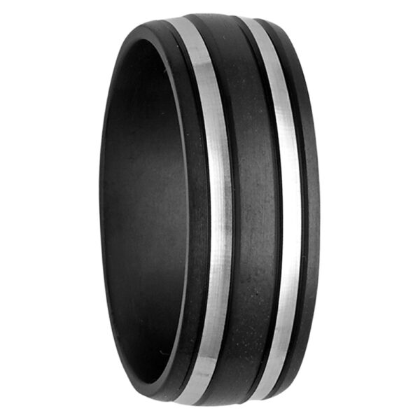 Double Stripe Black & White Zirconium Mens Ring