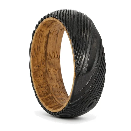 Black Damascus Steel and Whiskey Barrel Wood 8mm Mens Ring