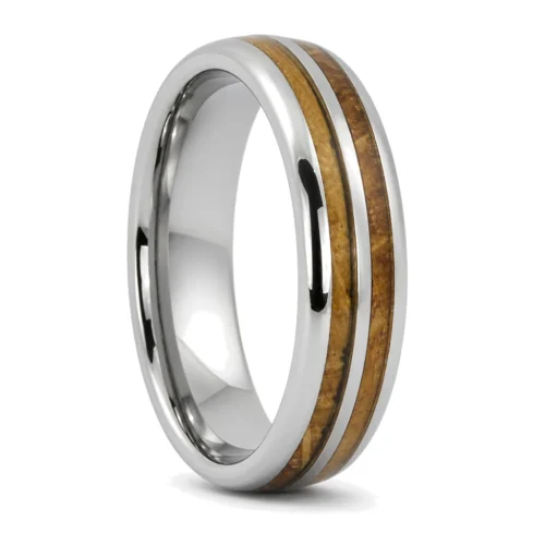 Polished Tungsten and Whiskey Barrel 7mm Wood Mens Ring