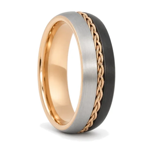 Black and Rose Gold Rope 8mm Tungsten Mens Ring