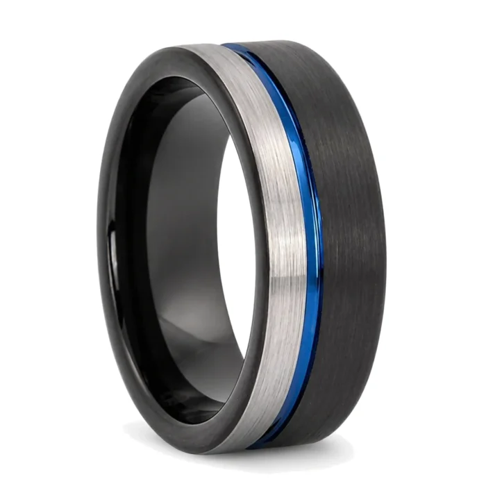 Black and Blue 8mm Tungsten Mens Ring