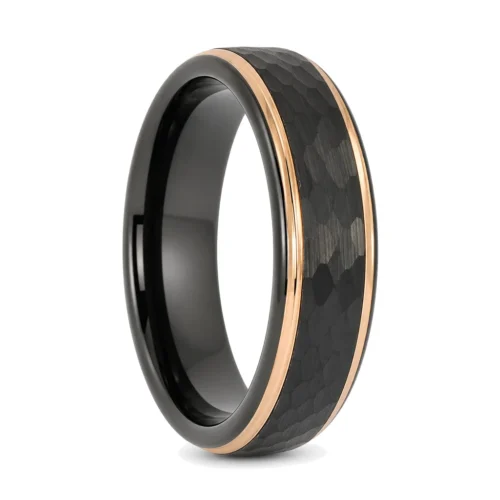 Black and Rose Gold Faceted 7mm Tungsten Mens Ring