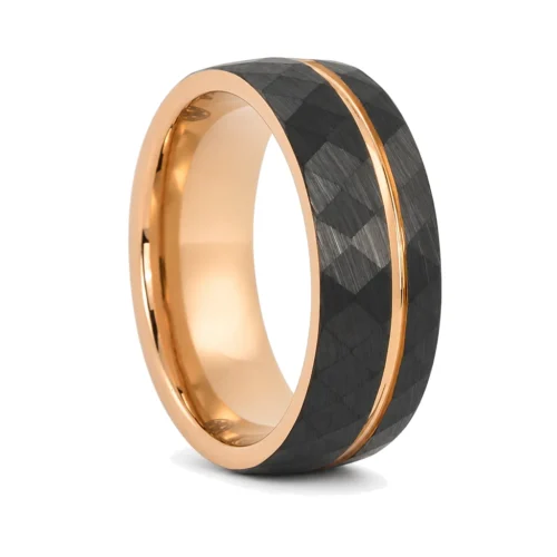 Black and Rose Gold Faceted Tungsten 8mm Mens Ring