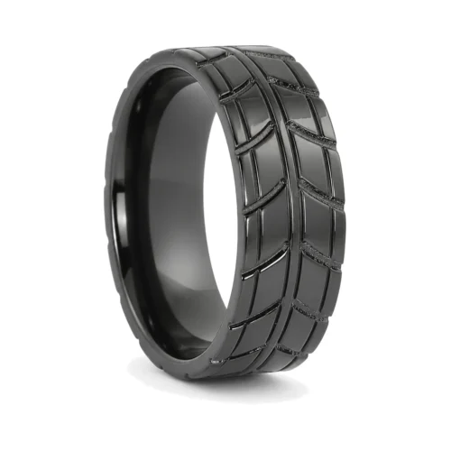 8mm Wide Directional Tread Tyre Tread Mens Black Zirconium Ring