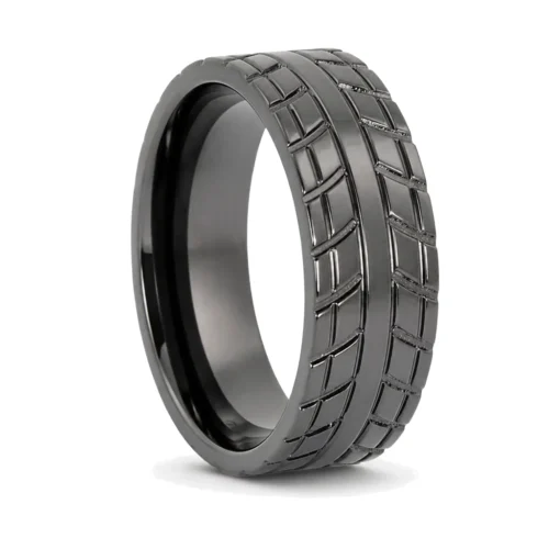 8mm Directional Tread Tyre Tread Mens Black Zirconium Ring