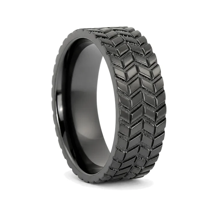 8mm Symmetrical Tread Tyre Tread Mens Black Zirconium Ring