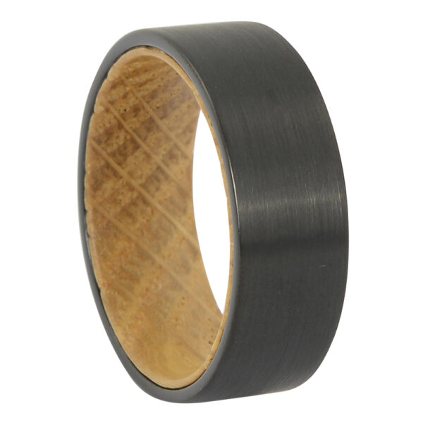 Black tungsten with whiskey barrel wood mens ring