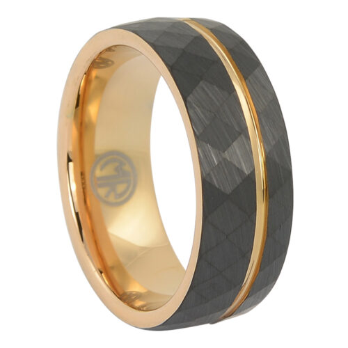 Tungsten faceted rose gold mens ring