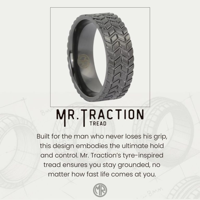 Mens Black Zirconium Ring 8mm Tyre Pattern Design