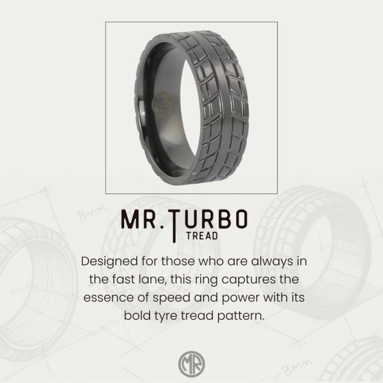 Mens Black Zirconium Ring 8mm Tyre Pattern Design