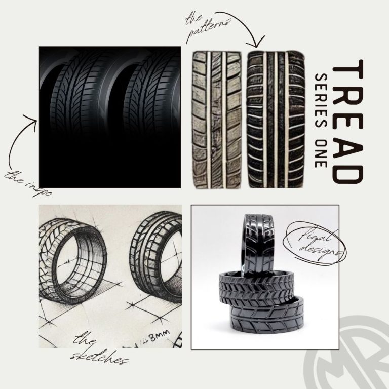 Mens Black Zirconium Ring 8mm Tyre Pattern Design